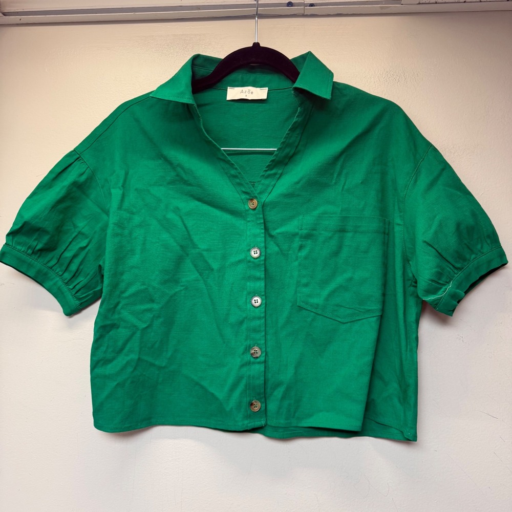 Azoe Button Down Shirt Women Small Green‎ Excellent Puff Sleeve Crop FT31318